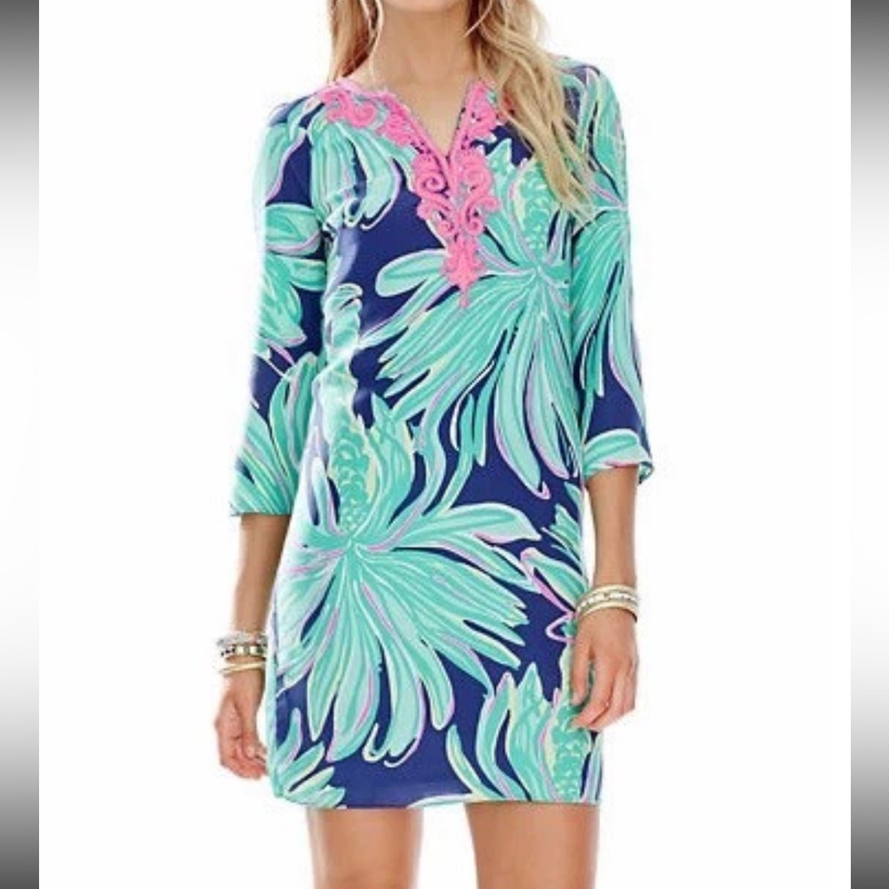 Lily Pulitzer Rylee 100% Silk Shift Dress Bright Navy Tiger Palm Print 2 Lined